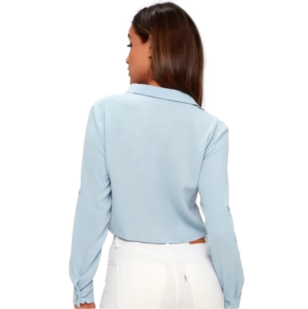 Lulus Light Blue Long Sleeve Button-Up Tie-Front Crop Top - Picture 4 of 5